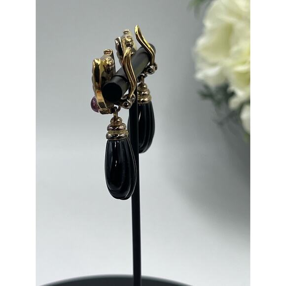 Kylo Vintage Sterling Silver Vermeil Obsidian Garnet Gem Clip On Runway Earrings - Picture 12 of 16